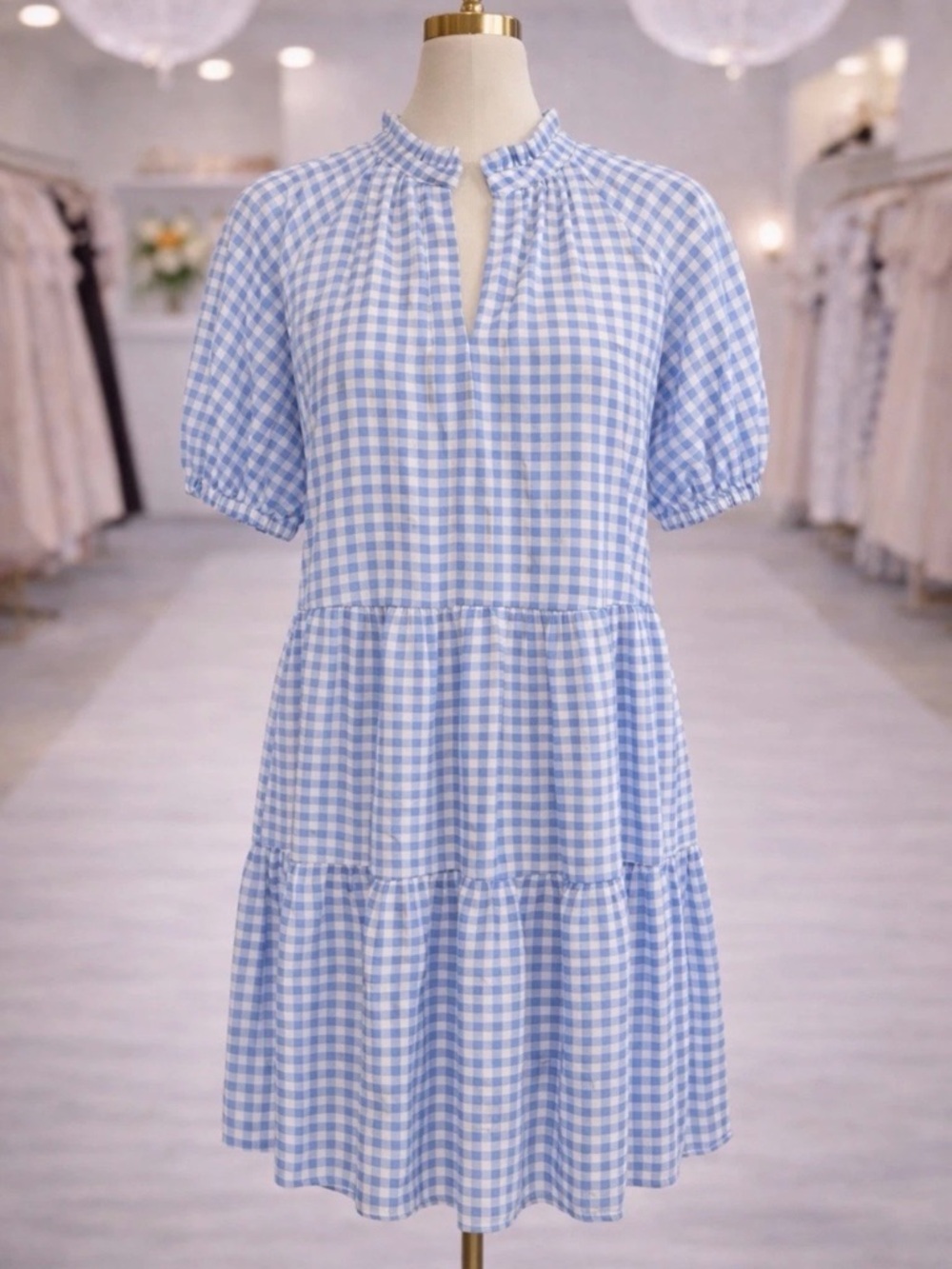 CeCe Blue Gingham Tiered Mini Dress Puff Sleeve XS NWT